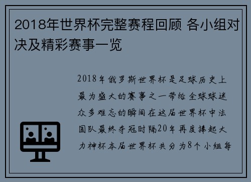 2018年世界杯完整赛程回顾 各小组对决及精彩赛事一览